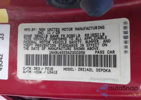 2010 Toyota Corolla Le из США, поврежденный, VIN 1NXBU4EE5AZ300356